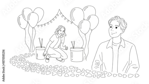 A Celebratory Moment: A sketched scene depicts the joy of a party, a trail of flower petals with balloons and an individual celebrating. 