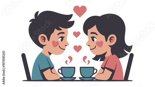 Coffee Date Delight: A tender scene unfolds as a couple, bathed in affection, shares a cozy coffee date, their eyes locked in mutual admiration as hearts float gently above them. 
