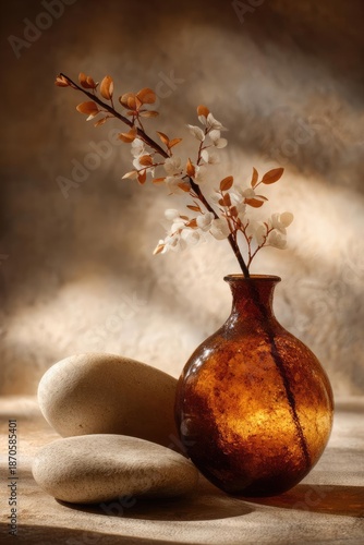 A still life with an amber glass vase holding a branch of white-brown leaves, beside two smooth beige stones. Concept Still Life, Amber Glass Vase, White-Brown Leaves, Beige Stones, Minimalist Decor