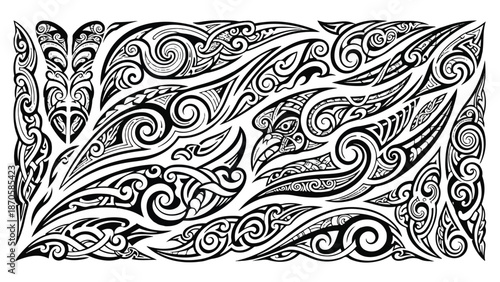 Intricate black and white illustration of swirling floral patterns and leaves in a decorative design viewed from a straight-on perspective.