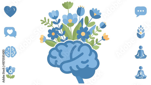 Illustration of a blue brain with flowers blooming, surrounded by mental wellness icons