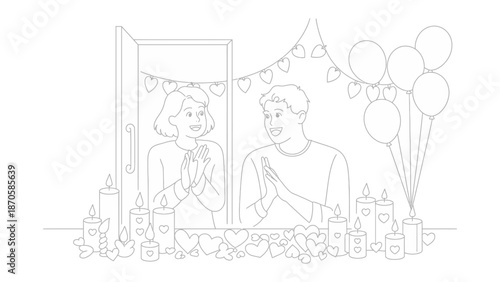 Romantic Celebration: A charming illustration shows a couple in the midst of a heartfelt moment, surrounded by candles, balloons and celebratory decorations symbolizing love and togetherness. 