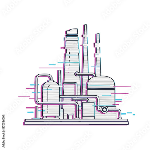 Modern industrial factory complex with stylized glitch effect, representing manufacturing and production processes.