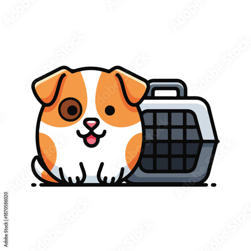 A cartoon dog with a pet carrier