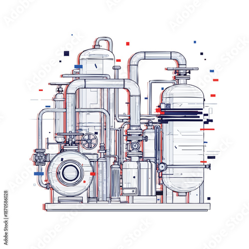 Abstract industrial machinery with pipes and tanks, rendered in a glitch art style with red and blue hues.