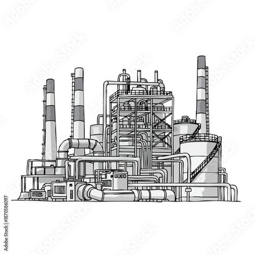 Detailed illustration of a complex industrial refinery complex with numerous pipes and towers against a white background.
