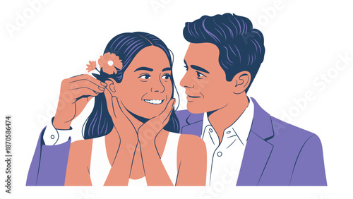 Eternal Bond: A tender moment as a man delicately places a flower in a woman's hair, symbolizing love and commitment, set against a backdrop of enduring affection.