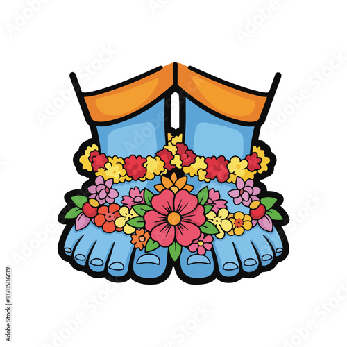 A cartoon drawing of a pair of feet adorned with a vibrant floral garland