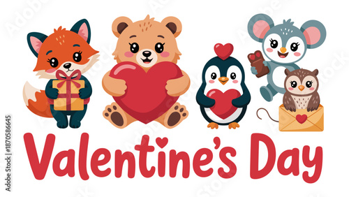 Valentine's Day animals: Celebrating Valentine's Day with cute animals holding heart shaped objects, spreading love and joy.
