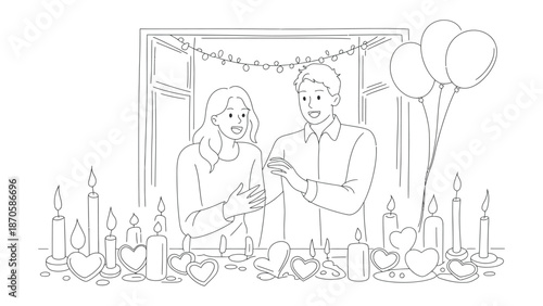 Moment of Love: A couple, surrounded by candlelight and balloons, celebrates a special moment, their faces filled with joy and affection.