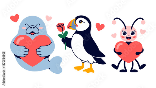 Valentine's Day animal love: Cute animals of diverse species expressing love and affection. Featuring a sea lion, a puffin holding a rose and an ant with a love heart