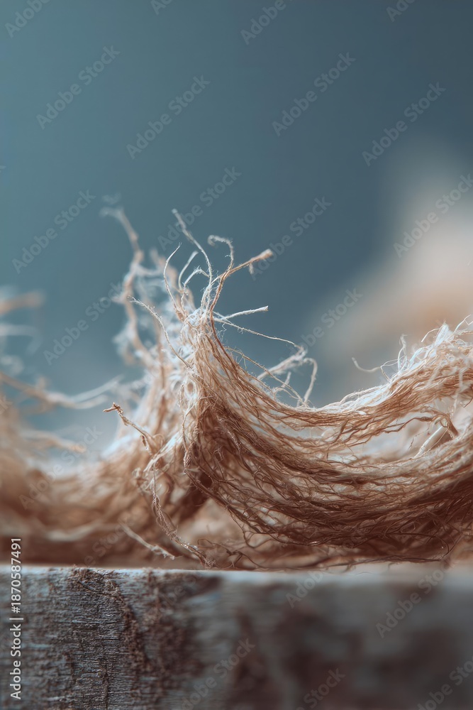 Obraz premium Close-up of tangled beige fibers, resembling frayed rope or thread, on a wooden surface. Concept Beige fibers close-up, Tangled frayed fibers, Frayed rope texture on wood