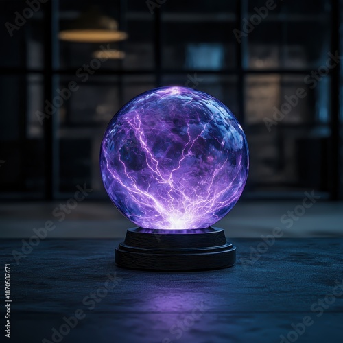 Glowing plasma ball with electric arcs in a dark room