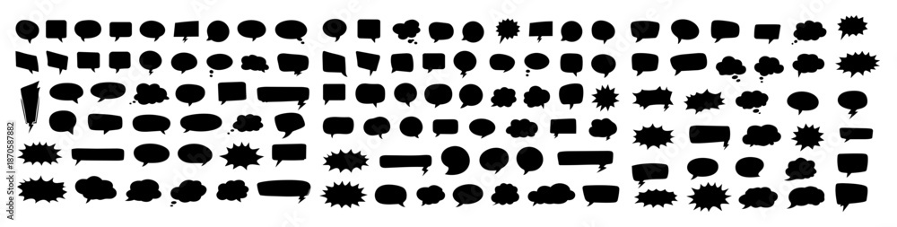 Fototapeta premium Speech bubble silhouette icon set with chat, dialog, comic talk bubbles and thought clouds in black