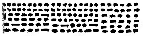Speech bubble silhouette icon set with chat, dialog, comic talk bubbles and thought clouds in black