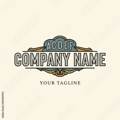 Vintage style logo design with ornate frame and text for company branding.