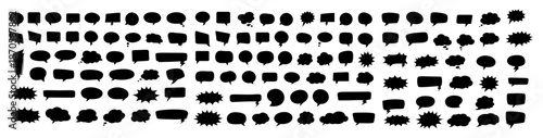 Speech bubble silhouette icon set with chat, dialog, comic talk bubbles and thought clouds in black