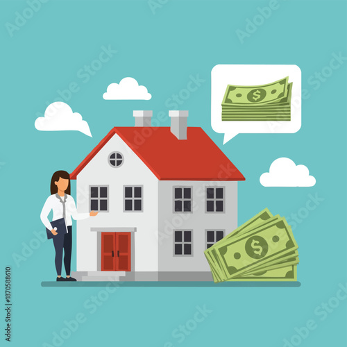 Woman buying house with cash money transaction real estate finance.