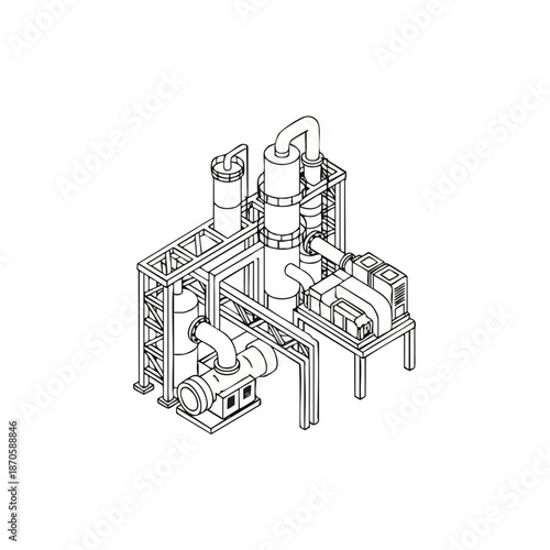 Detailed isometric line drawing of industrial chemical processing plant equipment with pipes and tanks.