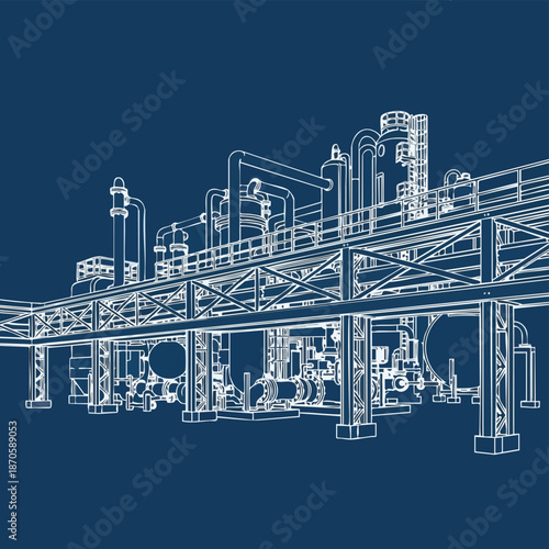 This intricate wireframe blueprint showcases the extensive network of pipes, tanks, and structures within a large-scale industrial chemical processing facility.