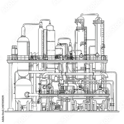 A precise technical blueprint illustrates a large-scale industrial chemical processing plant, featuring intricate piping, tanks, and towers vital for modern manufacturing.