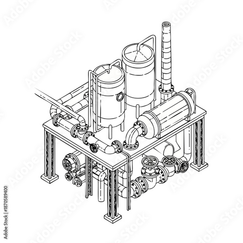 An intricate isometric line drawing illustrates a complex industrial processing unit featuring interconnected tanks, pipes, and valves, representing modern engineering infrastructure.