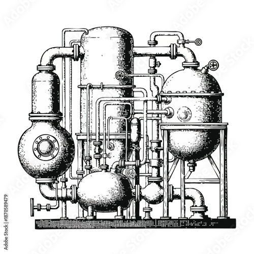 An intricate vintage engraving depicts a complex industrial chemical processing plant with numerous tanks, pipes, and valves, illustrating historical manufacturing technology.