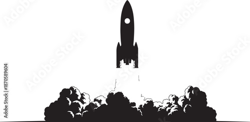 Silhouette of rocket launching with flames and smoke
