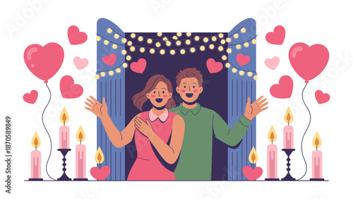 A Romantic Celebration: A joyful couple celebrates their love in a beautifully decorated setting, surrounded by candles, balloons, and string lights, filled with the warmth of romance.