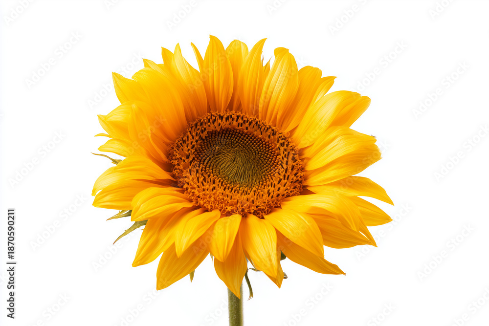Fototapeta premium Bright yellow sunflower in full bloom with detailed petals and natural texture captured in studio lighting. Single floral subject symbolizing nature, happiness, and summer beauty isolated on white.