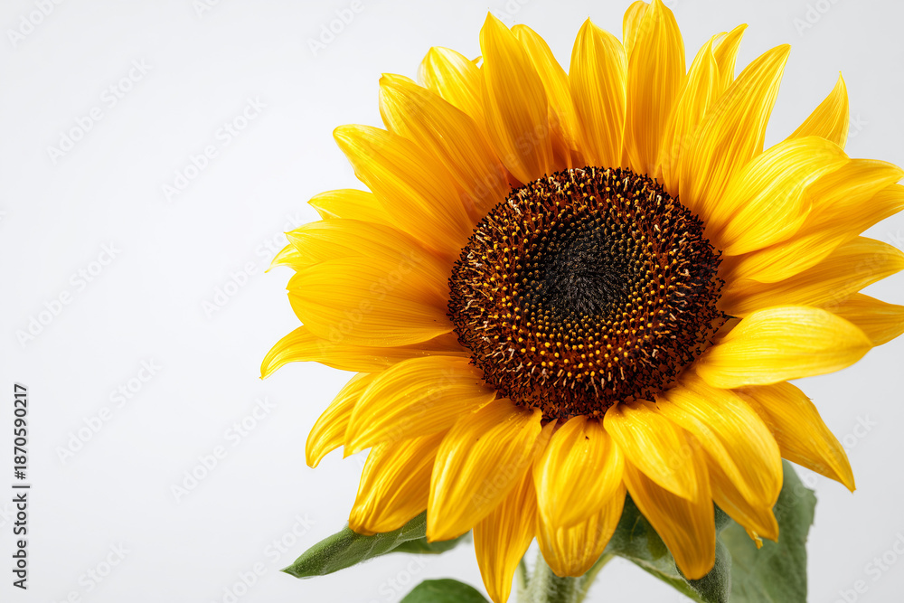 Fototapeta premium Bright yellow sunflower in full bloom with detailed petals and natural texture captured in studio lighting. Single floral subject symbolizing nature, happiness, and summer beauty isolated on white.