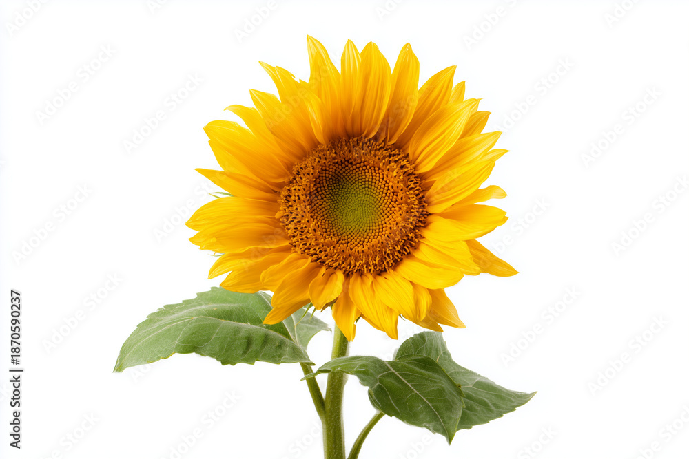Obraz premium Bright yellow sunflower in full bloom with detailed petals and natural texture captured in studio lighting. Single floral subject symbolizing nature, happiness, and summer beauty isolated on white.