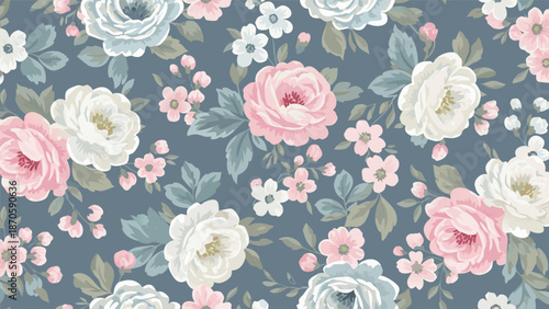Elegant floral vector illustration with soft pink and white roses on a muted blue background, perfect for textiles and decor