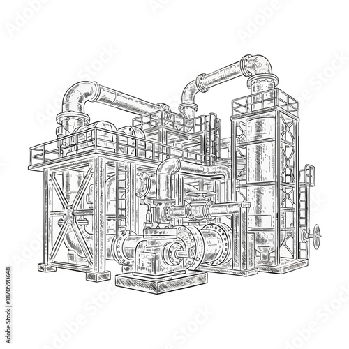 Detailed illustration of industrial machinery with pipes and tanks, rendered in a classic sketch style.