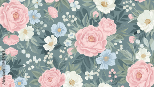 Seamless floral pattern vector illustration with delicate pink and white roses, blue blossoms, and greenery
