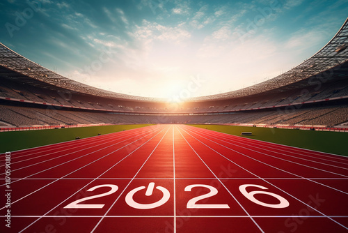 2026 start up business icon on red running tracks in stadium, Evening scene, Happy new year 2026 start up and success concept