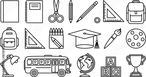 Back to School Education Icon Set: Minimalist Line Art Vector Collection of School Bus, Graduation Cap, Backpack, Globe, Notebook, and Study Supplies