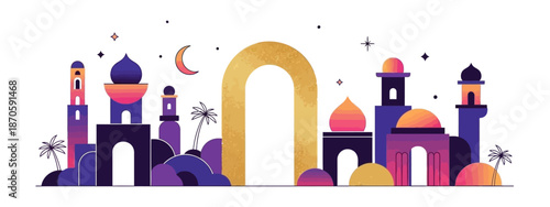 Panoramic gradient purple and gold mosque skyline with palm trees and crescent moon for Ramadan web header vector illustration