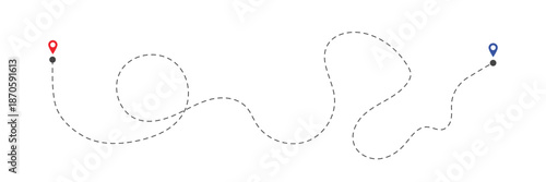Map with pin pointers and dashed pathway. Route location. Navigation infographic. Abstract trip process. Vector