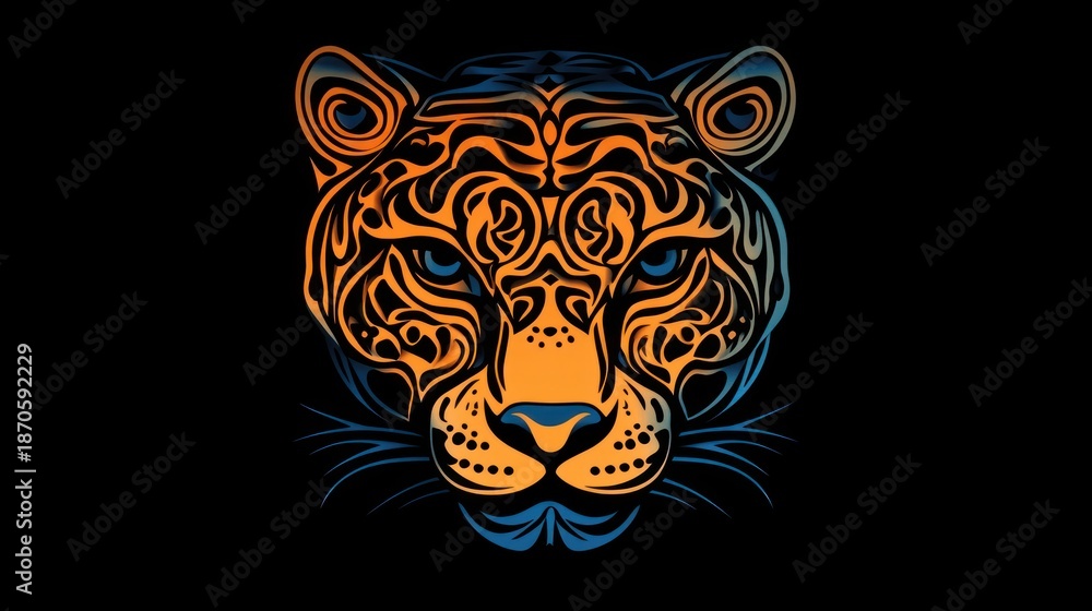 Fototapeta premium Ornate jaguar head design, dark background, tribal art, graphic