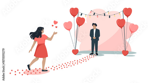 A Romantic Scene: A man stands at an archway decorated with heart-shaped balloons, awaiting a woman who approaches, scattering red hearts along the path.