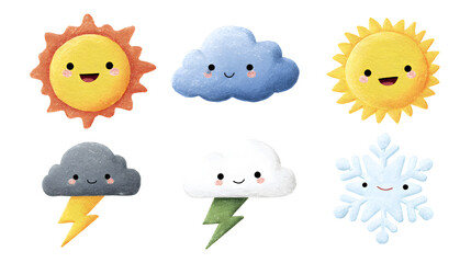 Cute weather icons with smiling faces for kids' projects