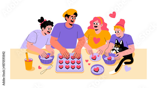 Baking Together: A group of friends making lovely heart-shaped cookies together, showing the true heart of friendship. 