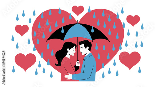 Eternal Shelter: A loving couple shares a tender moment of togetherness under an umbrella within a vibrant heart amid the rain, their bond a shield against the world.