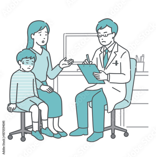 体調不良の男の子と母親の問診（男性医師・白衣・小児科）