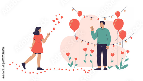Celebrating Connection and Affection: A beautifully rendered illustration of a couple expressing love with heart-shaped elements, surrounded by a festive garland of lights and balloons.