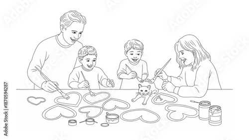 Heartfelt Art Time: A family joyfully engages in a creative art project, painting hearts and decorating a ceramic cat, creating a moment of togetherness and imaginative expression.