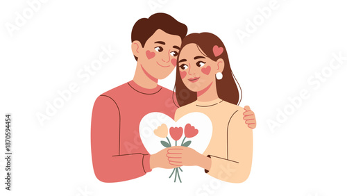 Romantic Moment: A tender illustration depicts a couple, embraced in love, their connection symbolized by a heart holding flowers, representing affection and devotion.