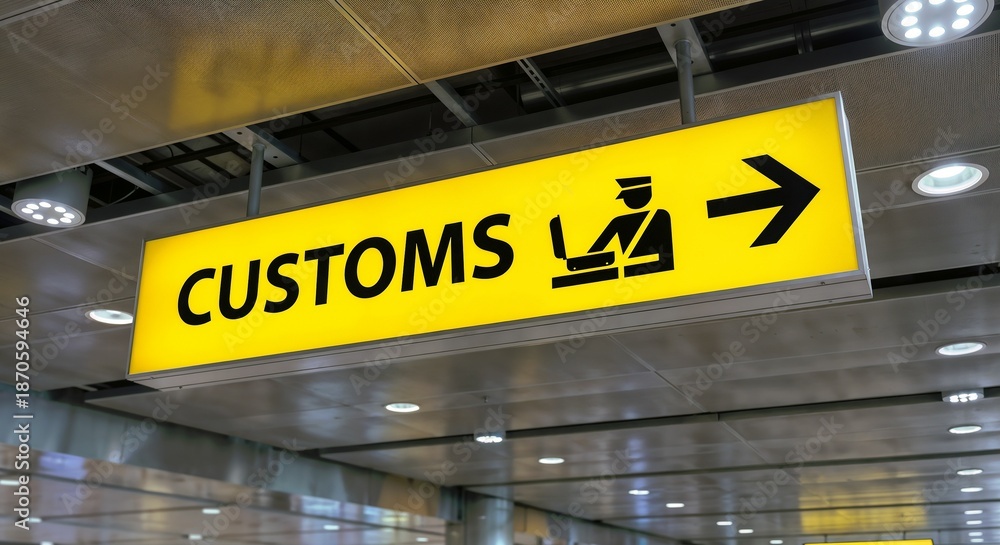 Fototapeta premium Customs sign at airport directing travelers to processing area during busy travel hours