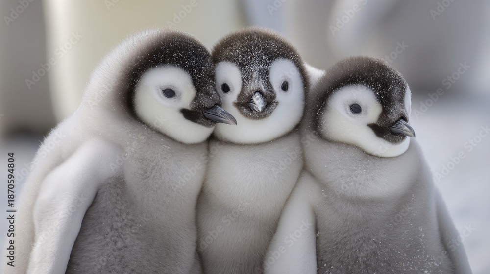 Fototapeta premium Adorable emperor penguin chicks huddling in snowy antarctic landscape